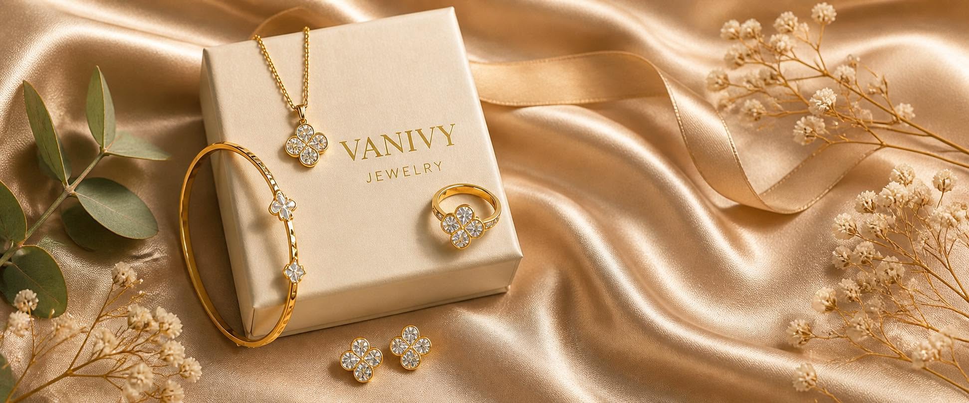 Vanivy gold and diamond jewelry set with signature gift box